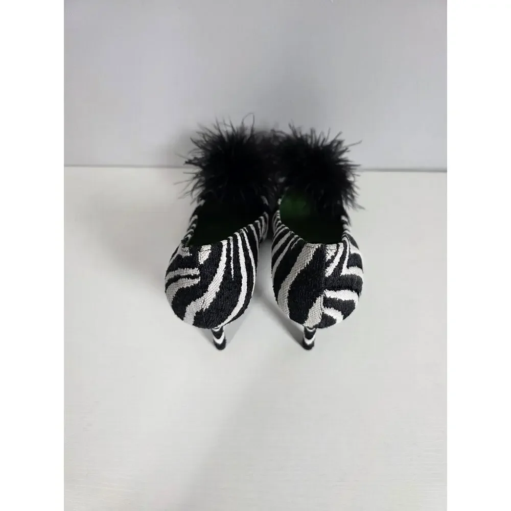 Kate Spade New York Marabou Zebra Tweed Pumps Womens 9 Designer Heels Statement - Picture 5 of 8